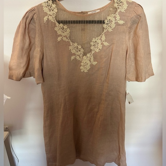 Tularosa | NEW Levy Embroidered Linen Puff Sleeve Mini Dress in Natural pink L - Picture 3 of 8